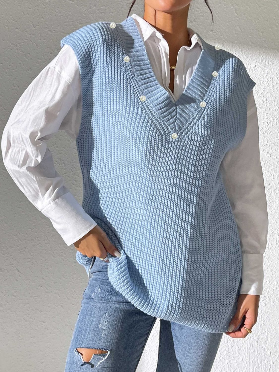 Dark Gray Pearl Trim V-Neck Sweater Vest