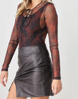 Dark Slate Gray HERA COLLECTION Abstract Mesh Lace-Up Long Sleeve Bodysuit