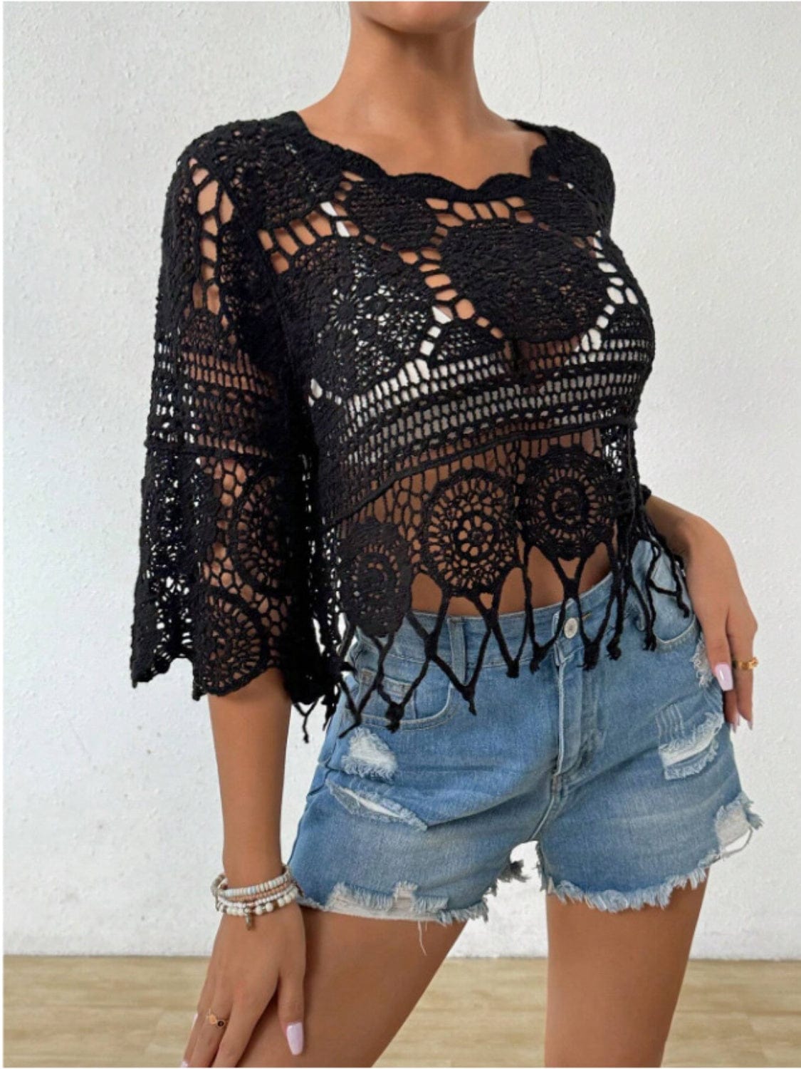 Dark Slate Gray Openwork Round Neck Cover-Up