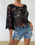 Dark Slate Gray Openwork Round Neck Cover-Up