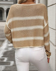 Rosy Brown Striped Round Neck Long Sleeve Sweater