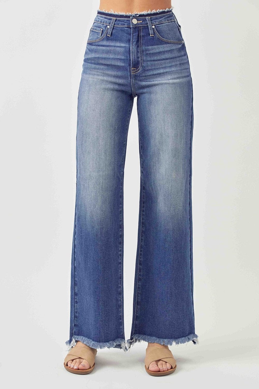 Dark Slate Blue RISEN High Waist Raw Hem Wide Leg Jeans