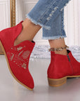 Embroidered Suede Point Toe Block Heel Boots