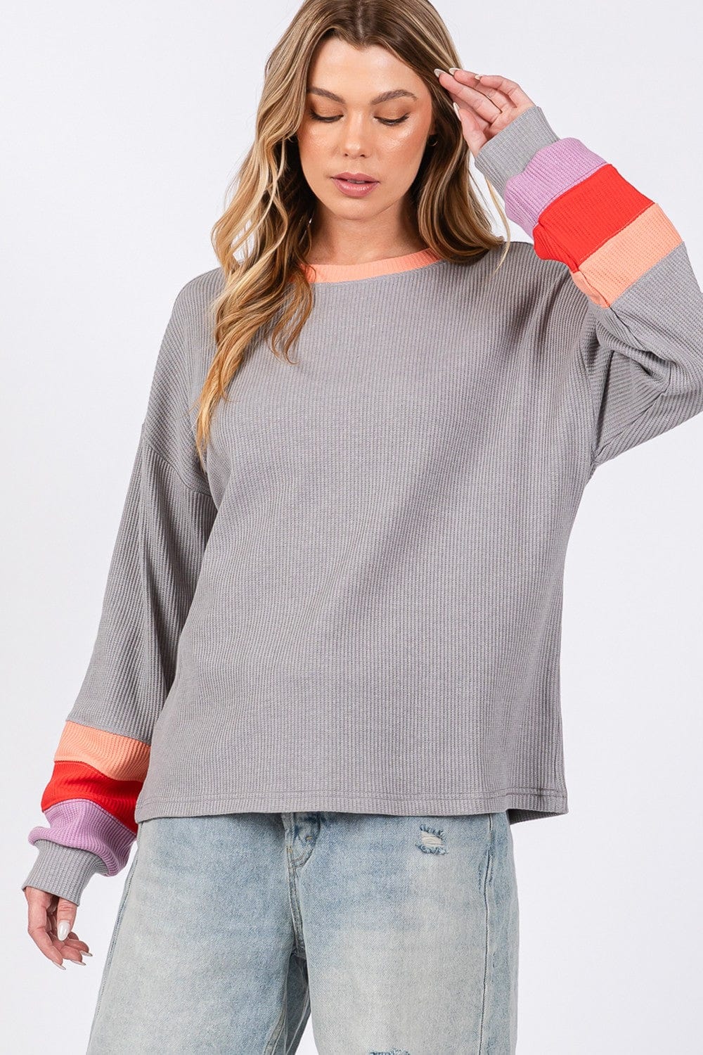 Light Gray SAGE + FIG Color Block Waffle Knit T-Shirt