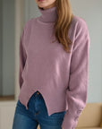 Front Slit Decorative Button Turtleneck Sweater