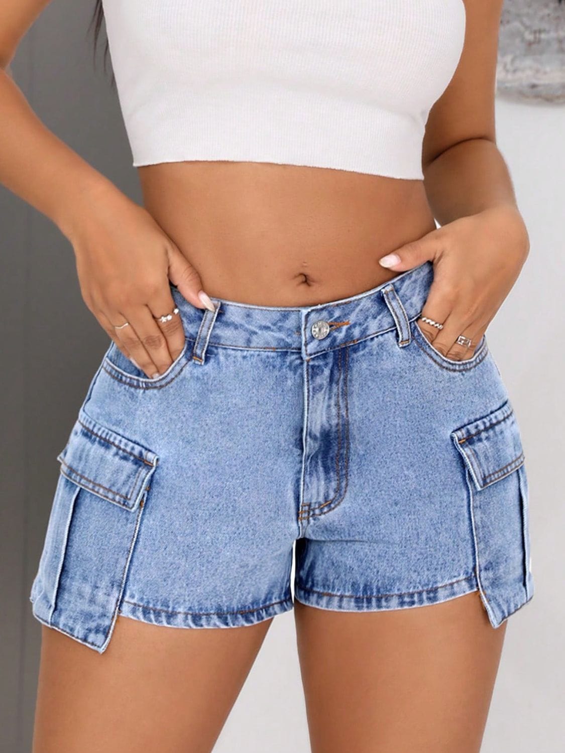 Rosy Brown Mid-Rise Waist Denim Shorts with Pockets