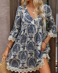 Lace Detail Printed V-Neck Mini Dress