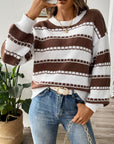 Gray Striped Round Neck Long Sleeve Sweater