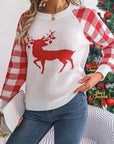 Reindeer Plaid Round Neck Long Sleeve Sweater