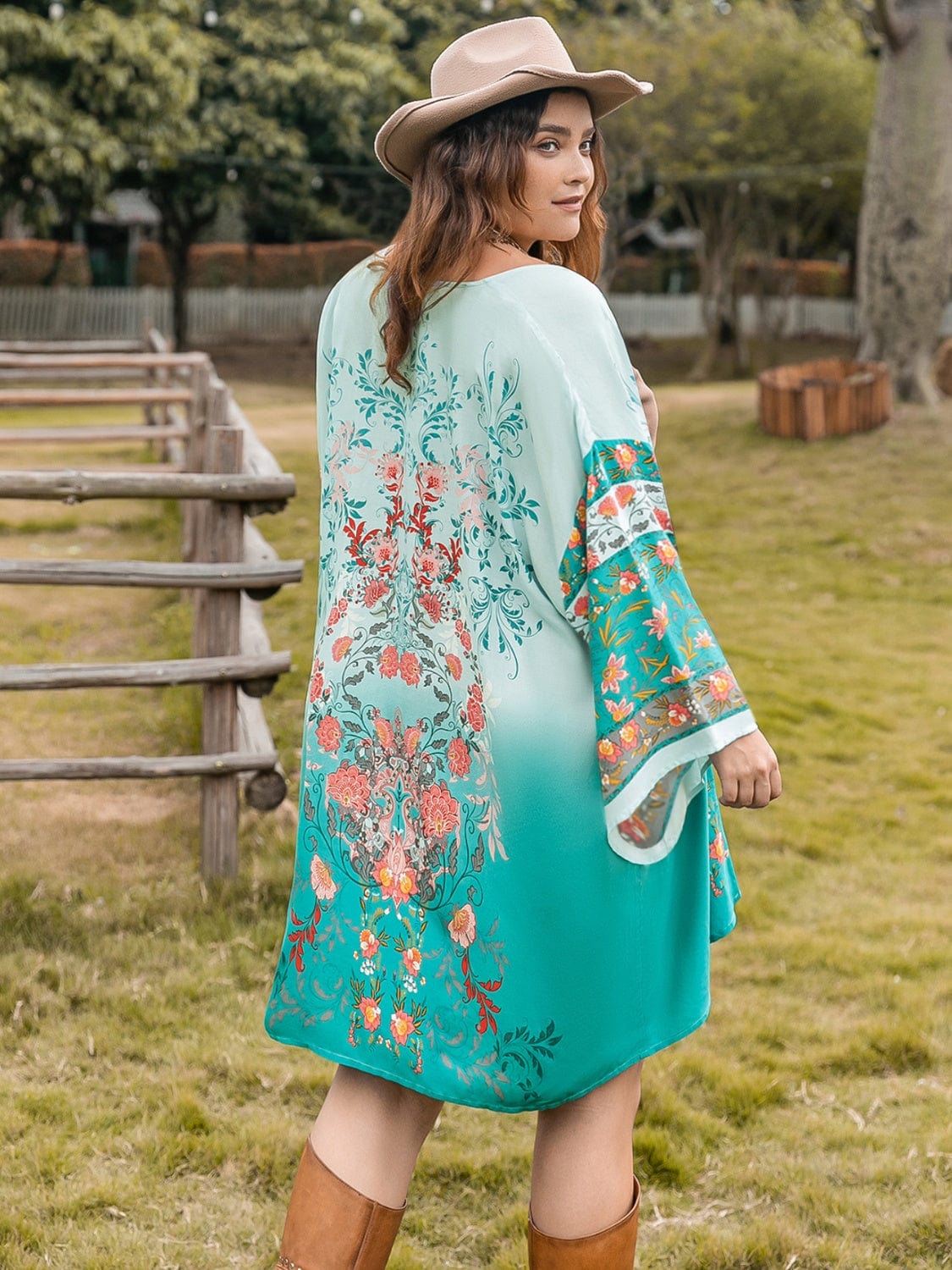 Dim Gray Plus Size Printed Open Front Long Sleeve Cover Up