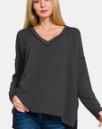 Zenana Texture Exposed Seam V-Neck Long Sleeve T-Shirt