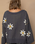 Dark Slate Gray POL V-Neck Floral Pattern Chenille Sweater