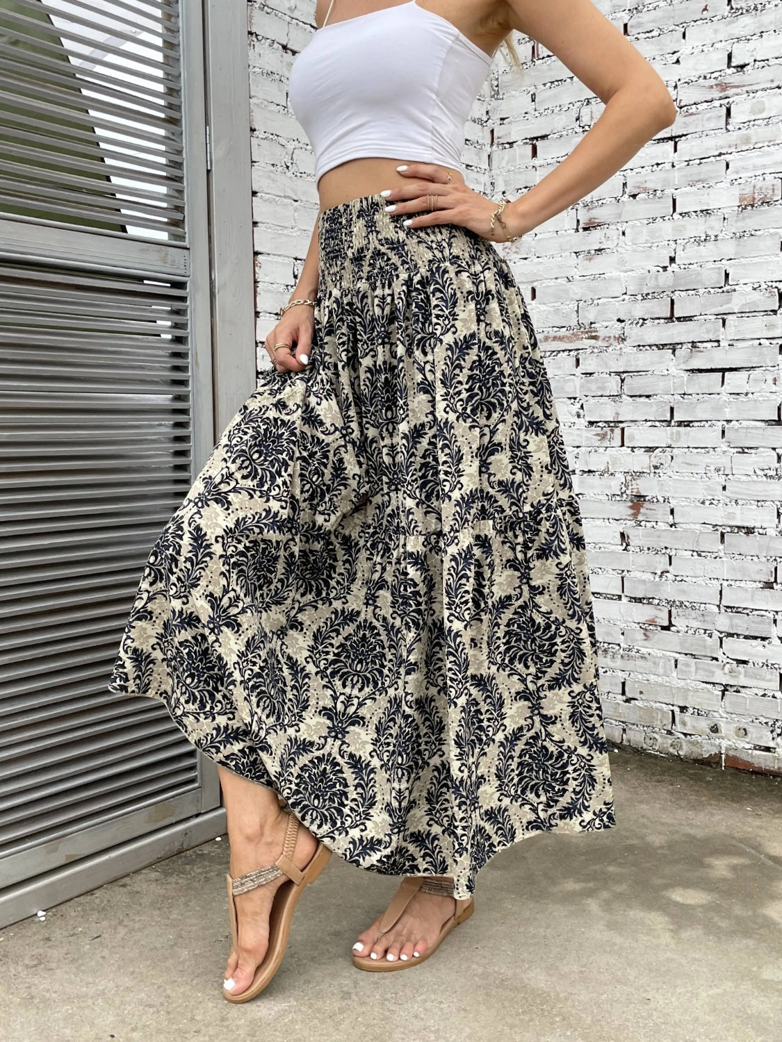 Gray Printed Elastic Waist Maxi Skirt Sentient Beauty Fashions Apaparel & Accessories