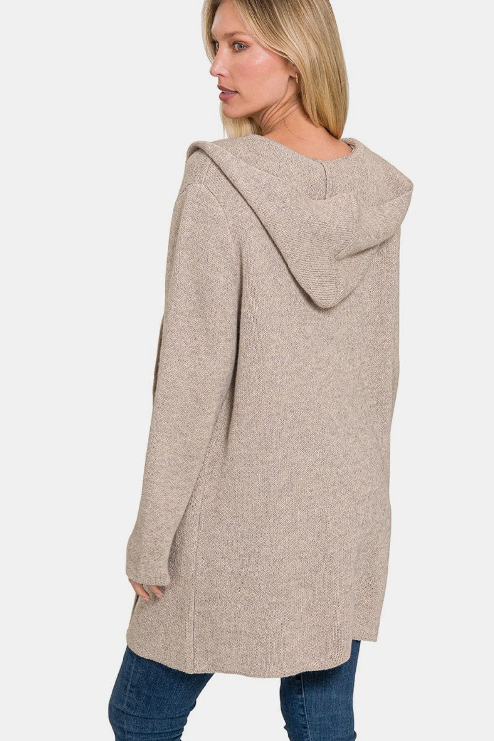 Light Gray Zenana Hooded Open Front Sweater Cardigan