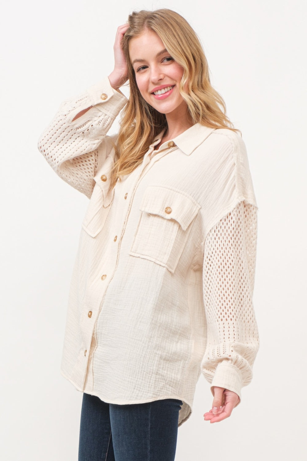 Beige And The Why Texture Button Up Openwork Shirt Sentient Beauty Fashions Apparel & Accessories