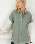 Raw Hem Collared Neck Button Up Long Sleeve Jacket