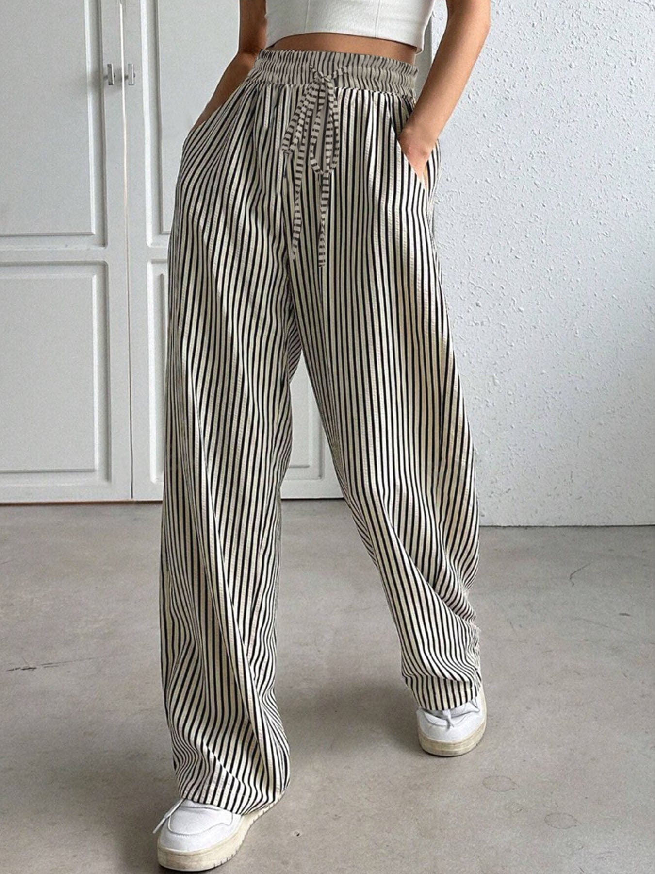 Dark Gray Drawstring Striped Elastic Waist Pants