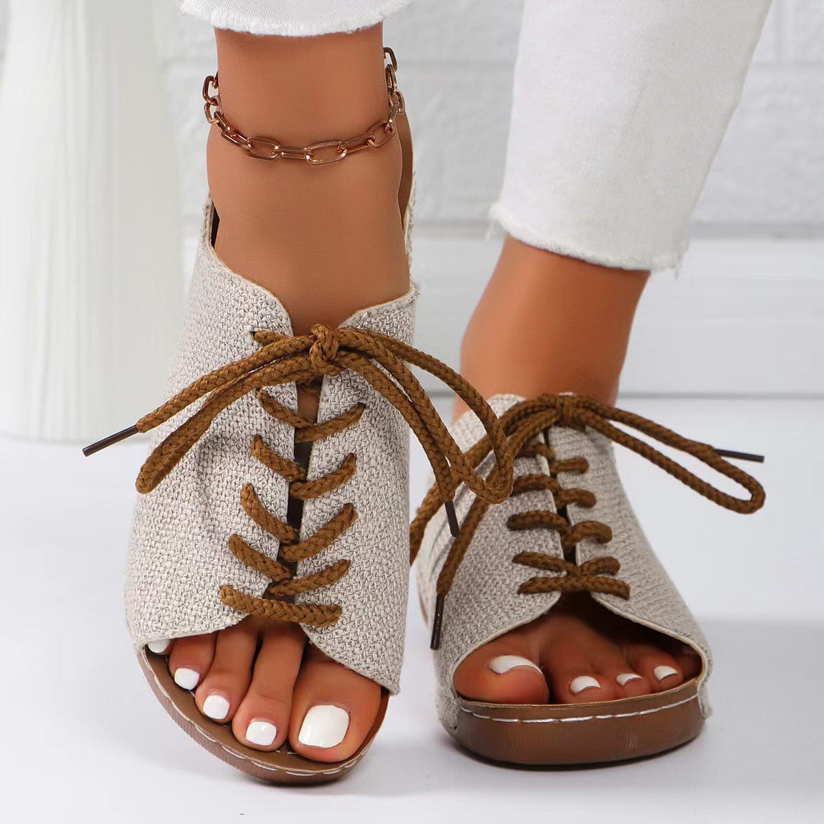 Light Gray Lace-Up Open Toe Wedge Sandals