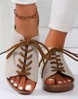 Light Gray Lace-Up Open Toe Wedge Sandals