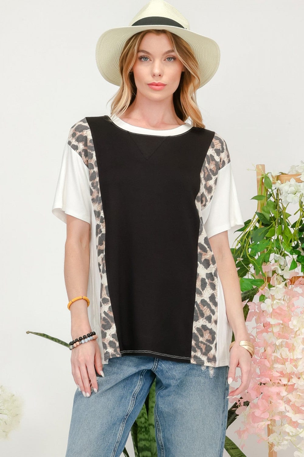 Dark Slate Gray Celeste Full Size Leopard Color Block T-Shirt