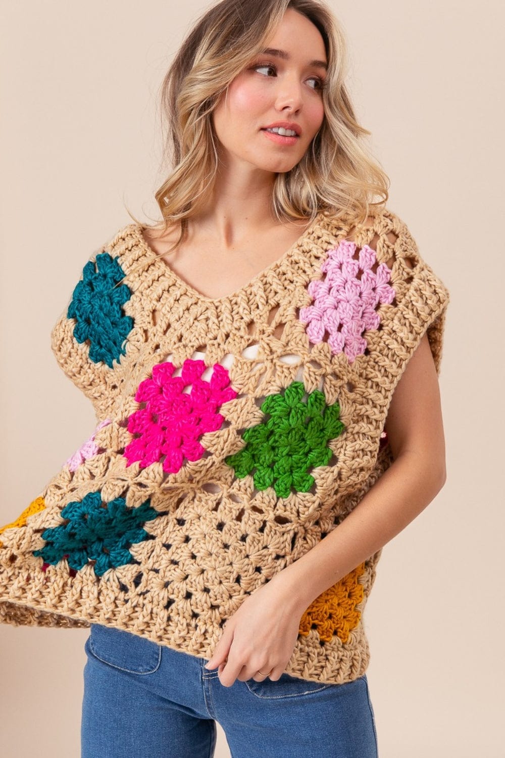 Wheat BiBi Granny Square Openwork Sweater Vest