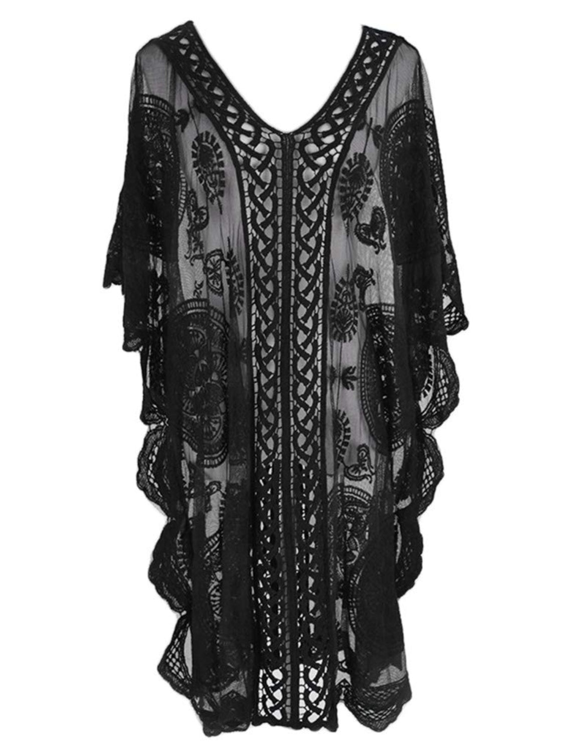 Black Lace V-Neck Half Sleeve Cover-Up Sentient Beauty Fashions Apparel & Accessories