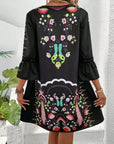 Black Lace Detail Printed Three-Quarter Sleeve Dress