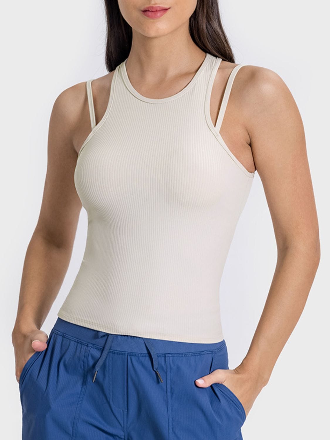 Light Gray Cutout Round Neck Racerback Active Tank