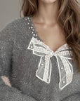 Bow Pearl Detail V-Neck Long Sleeve Sweater