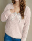 Bow Pearl Detail V-Neck Long Sleeve Sweater