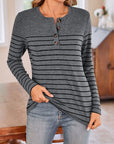 Lovelet Quarter Button Striped Round Neck Long Sleeve T-Shirt