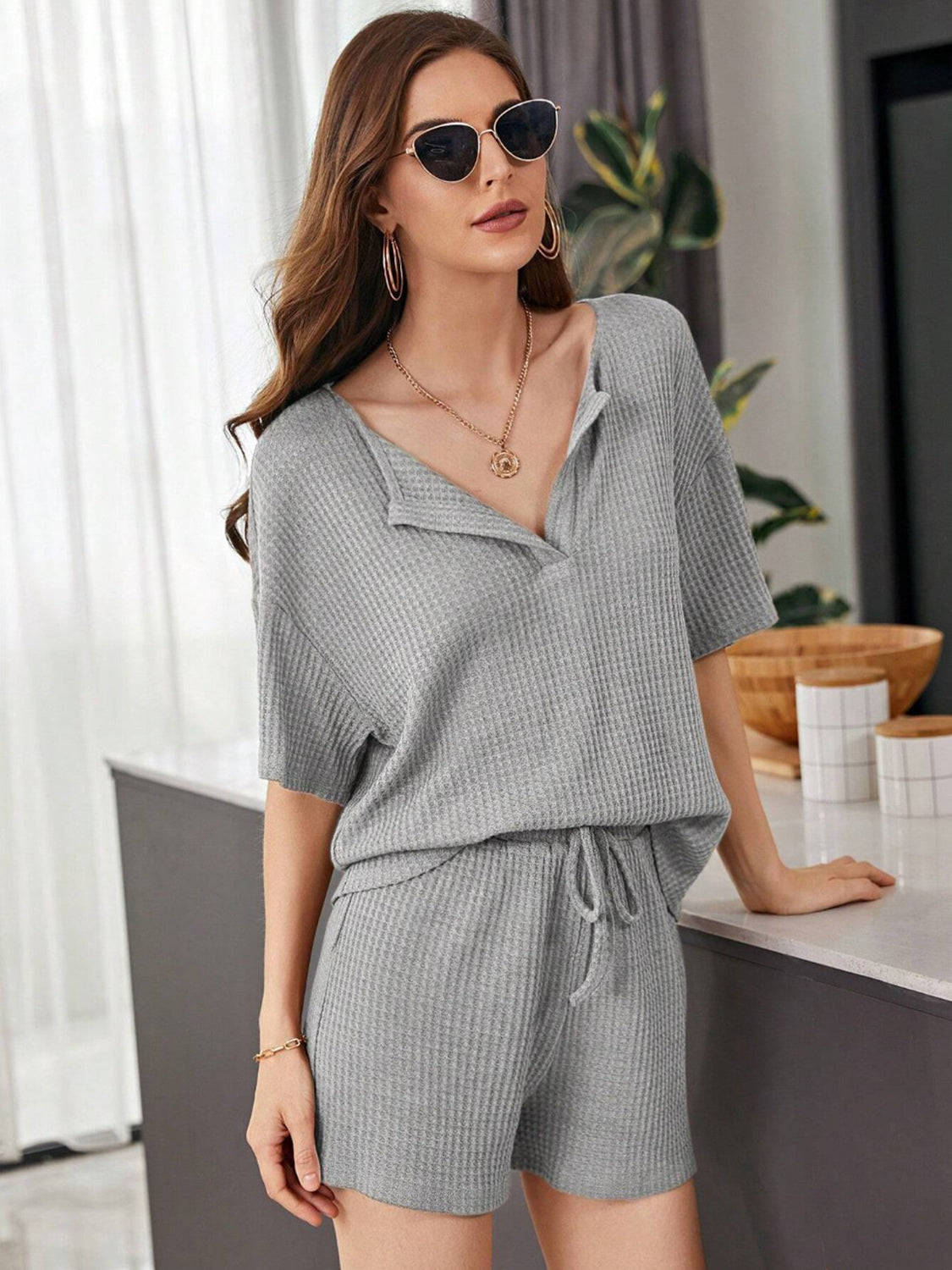 Gray Full Size Waffle-Knit Dropped Shoulder Top and Shorts Set Sentient Beauty Fashions Apaparel & Accessories