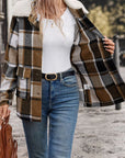 Perfee Pocketed Plaid Button Up Collared Neck Jacket