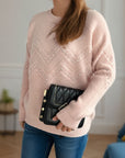 Pearl Trim Round Neck Raglan Sleeve Sweater