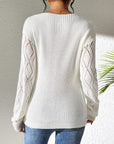 Gray Openwork V-Neck Long Sleeve Sweater