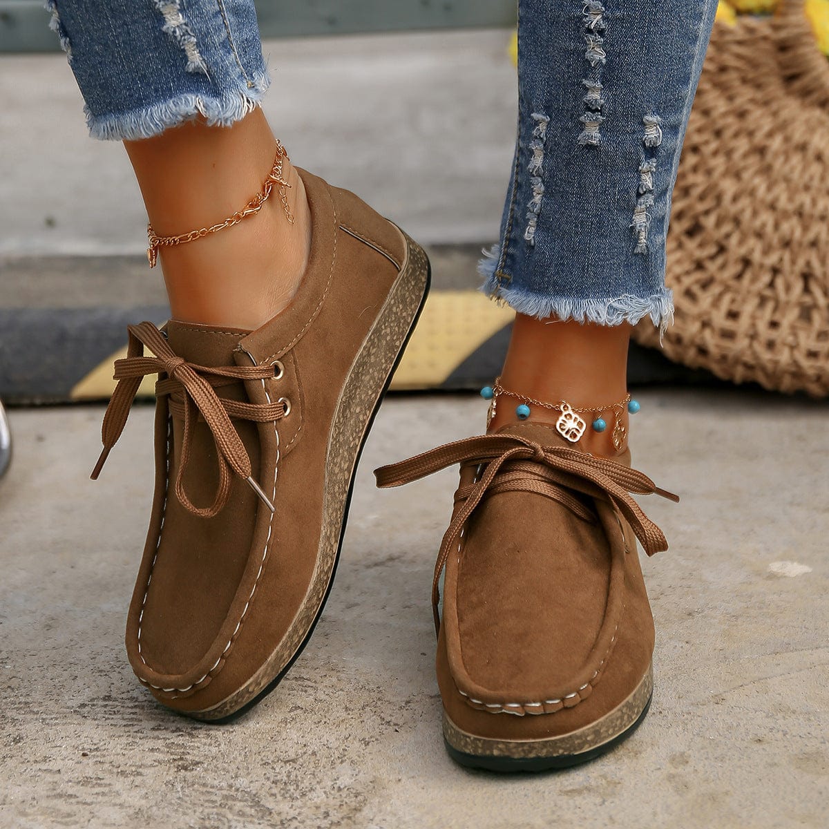 Slate Gray Suede Lace-Up Flat Slip-Ons