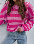 Honey Striped Round Neck Long Sleeve Sweater