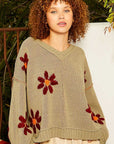 POL V-Neck Floral Pattern Chenille Sweater