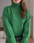 Front Slit Decorative Button Turtleneck Sweater