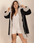 Plus Size Fuzzy Trim Open Front Long Sleeve Hooded Coat