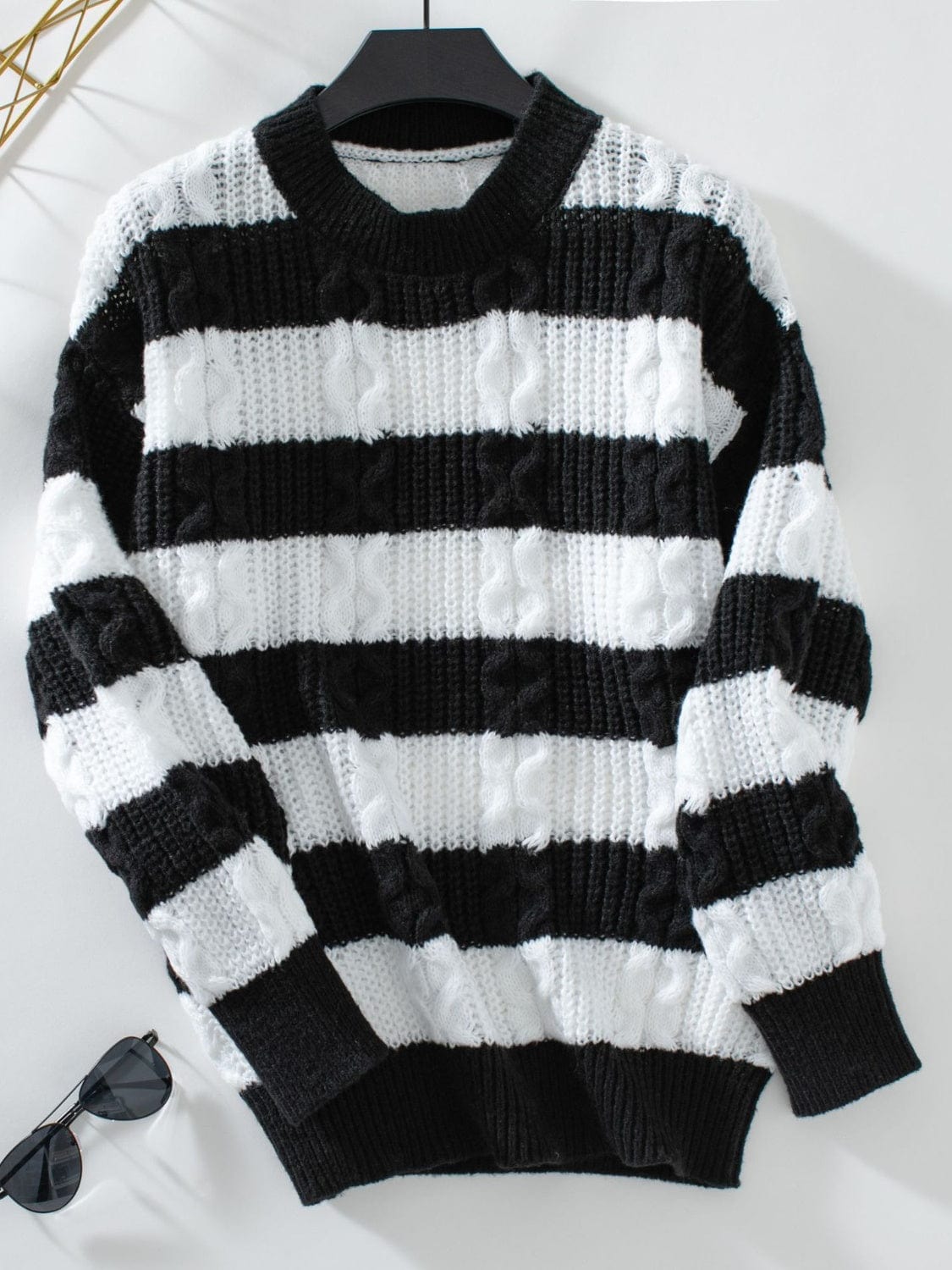 Light Gray Striped Round Neck Long Sleeve Sweater