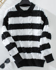 Light Gray Striped Round Neck Long Sleeve Sweater