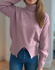 Front Slit Decorative Button Turtleneck Sweater