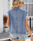 Pocketed Button Up Sleeveless Denim Jacket