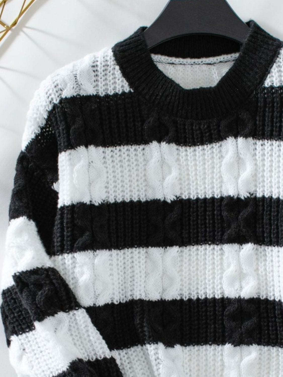 Black Striped Round Neck Long Sleeve Sweater