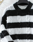 Black Striped Round Neck Long Sleeve Sweater