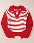 Striped Johnny Collar Long Sleeve Sweater