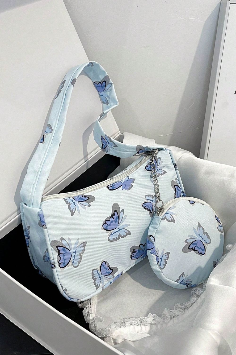 Light Gray Butterfly Print Shoulder Bag with Purse Sentient Beauty Fashions Apaparel &amp; Accessories