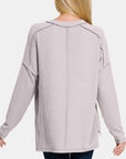 Zenana Texture Exposed Seam V-Neck Long Sleeve T-Shirt