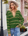 Striped Dropped Shoulder Notched Neck Knit Top